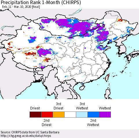 China and Taiwan Precipitation Rank 1-Month (CHIRPS) Thematic Map For 2/11/2020 - 3/10/2020