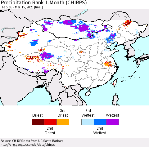 China and Taiwan Precipitation Rank 1-Month (CHIRPS) Thematic Map For 2/16/2020 - 3/15/2020
