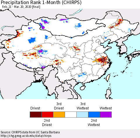 China and Taiwan Precipitation Rank 1-Month (CHIRPS) Thematic Map For 2/21/2020 - 3/20/2020