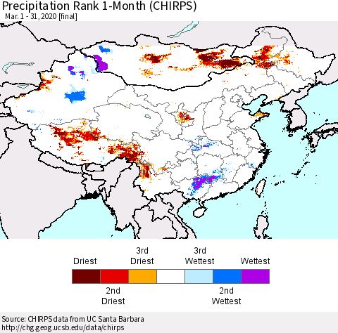 China and Taiwan Precipitation Rank 1-Month (CHIRPS) Thematic Map For 3/1/2020 - 3/31/2020