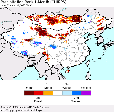 China and Taiwan Precipitation Rank 1-Month (CHIRPS) Thematic Map For 3/21/2020 - 4/20/2020