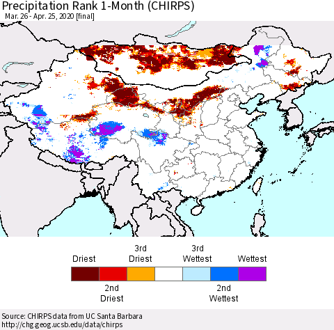 China and Taiwan Precipitation Rank 1-Month (CHIRPS) Thematic Map For 3/26/2020 - 4/25/2020