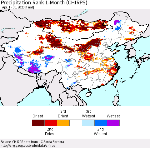 China and Taiwan Precipitation Rank 1-Month (CHIRPS) Thematic Map For 4/1/2020 - 4/30/2020