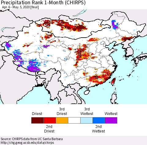 China and Taiwan Precipitation Rank 1-Month (CHIRPS) Thematic Map For 4/6/2020 - 5/5/2020