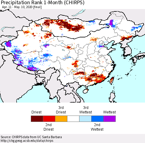 China and Taiwan Precipitation Rank 1-Month (CHIRPS) Thematic Map For 4/11/2020 - 5/10/2020