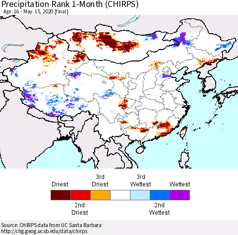 China and Taiwan Precipitation Rank 1-Month (CHIRPS) Thematic Map For 4/16/2020 - 5/15/2020