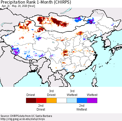China, Mongolia and Taiwan Precipitation Rank since 1981, 1-Month (CHIRPS) Thematic Map For 4/21/2020 - 5/20/2020