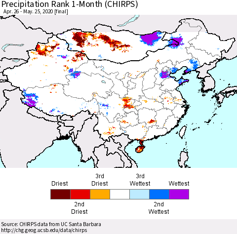 China and Taiwan Precipitation Rank 1-Month (CHIRPS) Thematic Map For 4/26/2020 - 5/25/2020