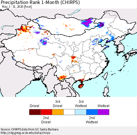 China, Mongolia and Taiwan Precipitation Rank since 1981, 1-Month (CHIRPS) Thematic Map For 5/1/2020 - 5/31/2020