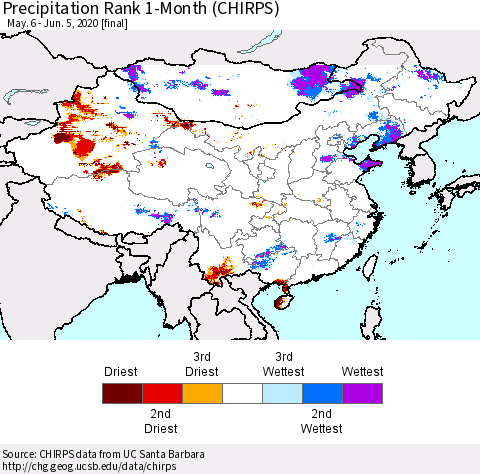 China, Mongolia and Taiwan Precipitation Rank since 1981, 1-Month (CHIRPS) Thematic Map For 5/6/2020 - 6/5/2020