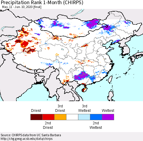 China and Taiwan Precipitation Rank 1-Month (CHIRPS) Thematic Map For 5/11/2020 - 6/10/2020