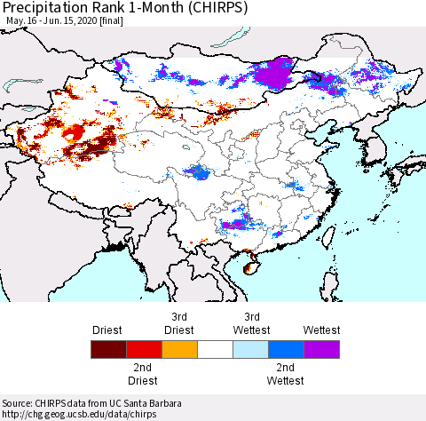 China, Mongolia and Taiwan Precipitation Rank since 1981, 1-Month (CHIRPS) Thematic Map For 5/16/2020 - 6/15/2020