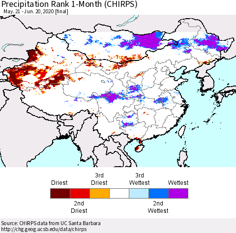 China, Mongolia and Taiwan Precipitation Rank since 1981, 1-Month (CHIRPS) Thematic Map For 5/21/2020 - 6/20/2020