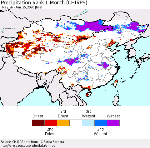 China and Taiwan Precipitation Rank 1-Month (CHIRPS) Thematic Map For 5/26/2020 - 6/25/2020