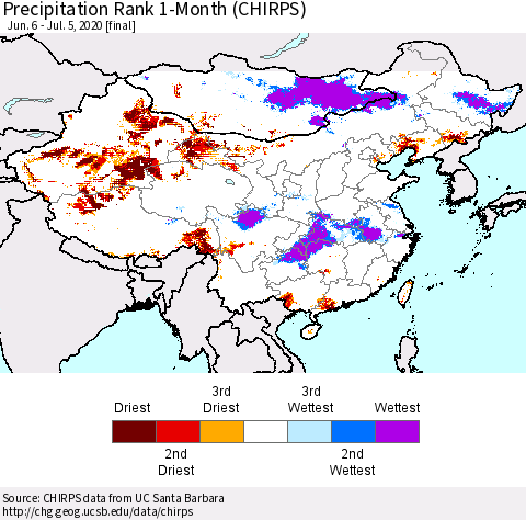 China and Taiwan Precipitation Rank 1-Month (CHIRPS) Thematic Map For 6/6/2020 - 7/5/2020
