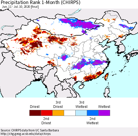China and Taiwan Precipitation Rank 1-Month (CHIRPS) Thematic Map For 6/11/2020 - 7/10/2020