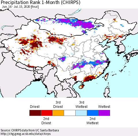 China and Taiwan Precipitation Rank 1-Month (CHIRPS) Thematic Map For 6/16/2020 - 7/15/2020