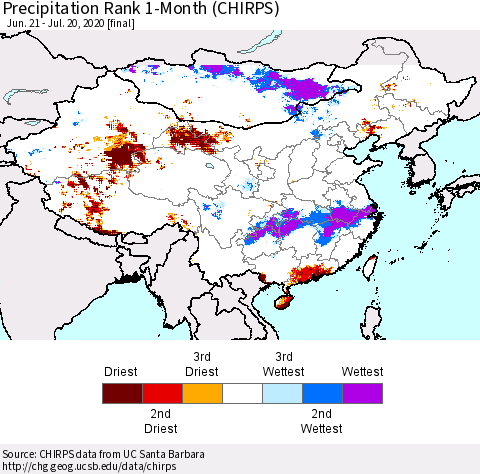 China and Taiwan Precipitation Rank 1-Month (CHIRPS) Thematic Map For 6/21/2020 - 7/20/2020