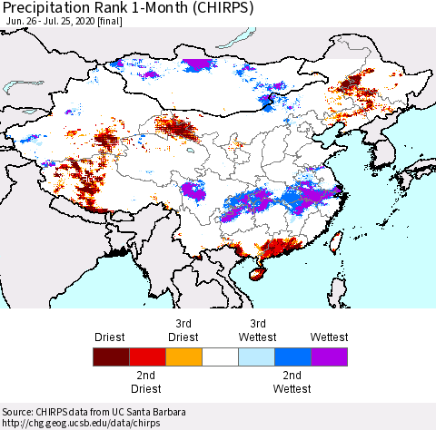 China and Taiwan Precipitation Rank 1-Month (CHIRPS) Thematic Map For 6/26/2020 - 7/25/2020