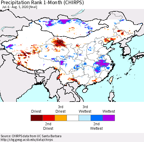 China, Mongolia and Taiwan Precipitation Rank since 1981, 1-Month (CHIRPS) Thematic Map For 7/6/2020 - 8/5/2020