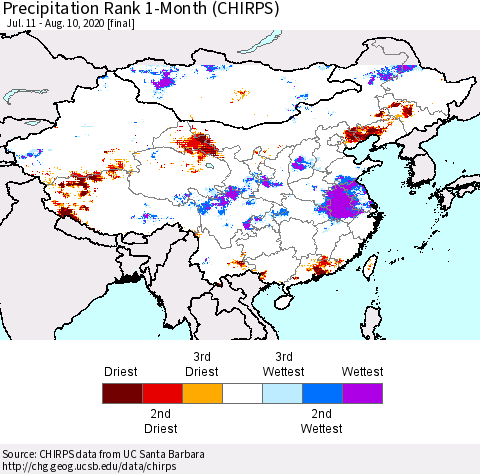 China, Mongolia and Taiwan Precipitation Rank since 1981, 1-Month (CHIRPS) Thematic Map For 7/11/2020 - 8/10/2020
