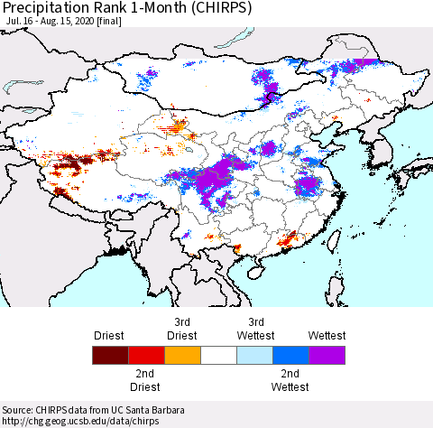 China, Mongolia and Taiwan Precipitation Rank since 1981, 1-Month (CHIRPS) Thematic Map For 7/16/2020 - 8/15/2020