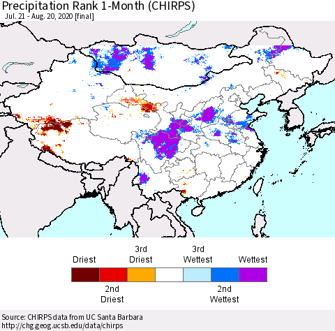 China, Mongolia and Taiwan Precipitation Rank since 1981, 1-Month (CHIRPS) Thematic Map For 7/21/2020 - 8/20/2020