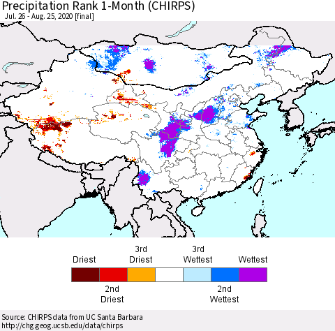 China, Mongolia and Taiwan Precipitation Rank since 1981, 1-Month (CHIRPS) Thematic Map For 7/26/2020 - 8/25/2020