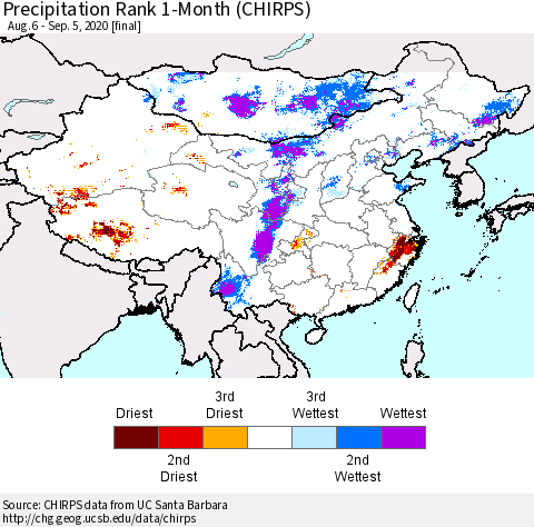 China, Mongolia and Taiwan Precipitation Rank since 1981, 1-Month (CHIRPS) Thematic Map For 8/6/2020 - 9/5/2020