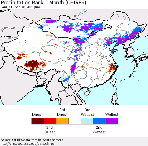 China, Mongolia and Taiwan Precipitation Rank since 1981, 1-Month (CHIRPS) Thematic Map For 8/11/2020 - 9/10/2020