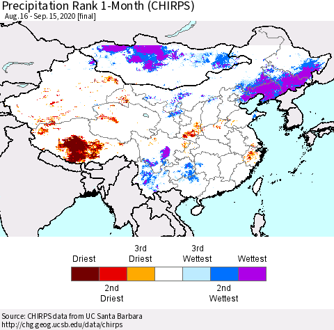 China, Mongolia and Taiwan Precipitation Rank since 1981, 1-Month (CHIRPS) Thematic Map For 8/16/2020 - 9/15/2020