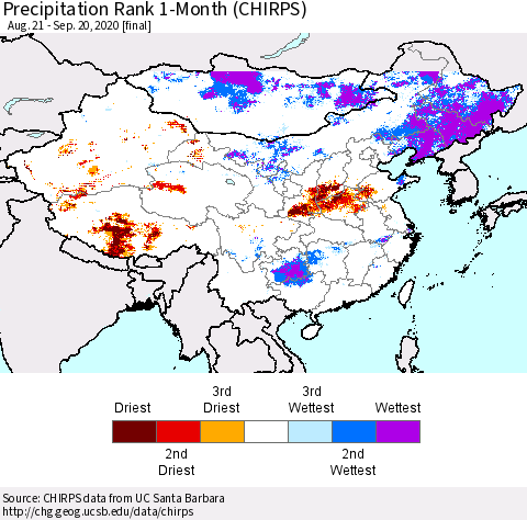 China, Mongolia and Taiwan Precipitation Rank since 1981, 1-Month (CHIRPS) Thematic Map For 8/21/2020 - 9/20/2020