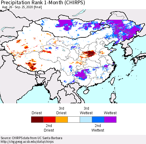 China, Mongolia and Taiwan Precipitation Rank since 1981, 1-Month (CHIRPS) Thematic Map For 8/26/2020 - 9/25/2020