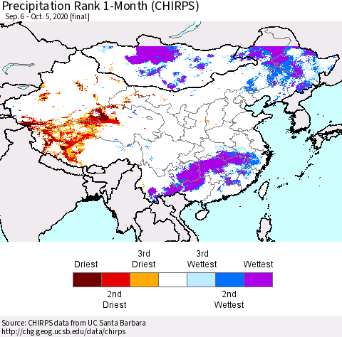 China, Mongolia and Taiwan Precipitation Rank since 1981, 1-Month (CHIRPS) Thematic Map For 9/6/2020 - 10/5/2020