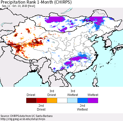China, Mongolia and Taiwan Precipitation Rank since 1981, 1-Month (CHIRPS) Thematic Map For 9/11/2020 - 10/10/2020