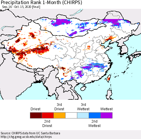 China, Mongolia and Taiwan Precipitation Rank since 1981, 1-Month (CHIRPS) Thematic Map For 9/16/2020 - 10/15/2020