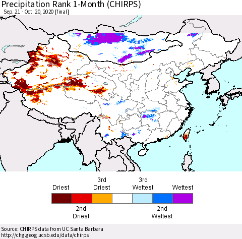 China, Mongolia and Taiwan Precipitation Rank since 1981, 1-Month (CHIRPS) Thematic Map For 9/21/2020 - 10/20/2020