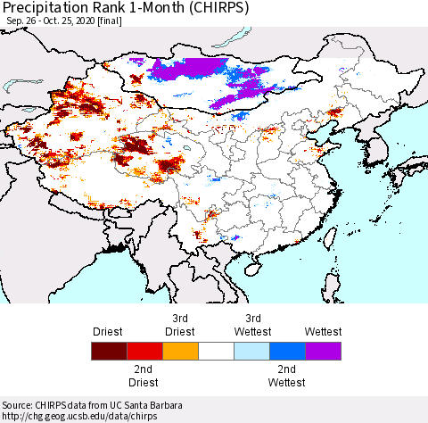 China, Mongolia and Taiwan Precipitation Rank since 1981, 1-Month (CHIRPS) Thematic Map For 9/26/2020 - 10/25/2020