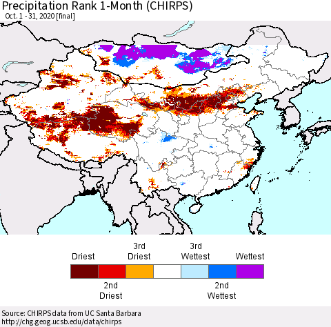 China, Mongolia and Taiwan Precipitation Rank since 1981, 1-Month (CHIRPS) Thematic Map For 10/1/2020 - 10/31/2020