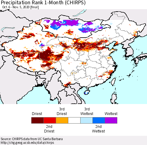 China, Mongolia and Taiwan Precipitation Rank since 1981, 1-Month (CHIRPS) Thematic Map For 10/6/2020 - 11/5/2020