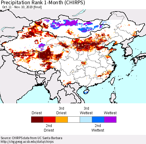 China, Mongolia and Taiwan Precipitation Rank since 1981, 1-Month (CHIRPS) Thematic Map For 10/11/2020 - 11/10/2020