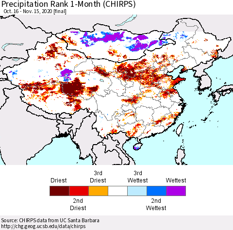 China, Mongolia and Taiwan Precipitation Rank since 1981, 1-Month (CHIRPS) Thematic Map For 10/16/2020 - 11/15/2020
