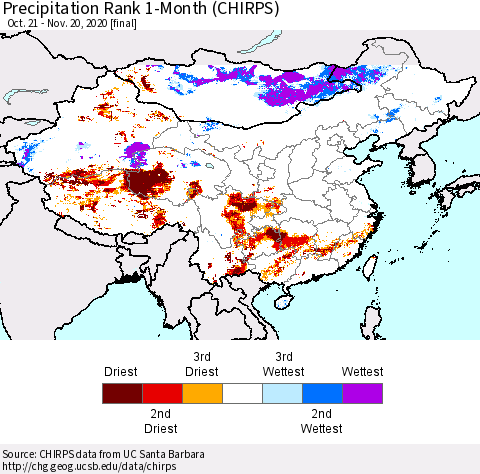 China, Mongolia and Taiwan Precipitation Rank since 1981, 1-Month (CHIRPS) Thematic Map For 10/21/2020 - 11/20/2020