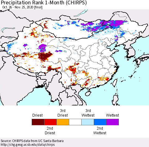 China, Mongolia and Taiwan Precipitation Rank since 1981, 1-Month (CHIRPS) Thematic Map For 10/26/2020 - 11/25/2020