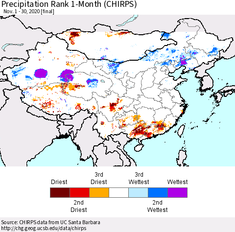 China, Mongolia and Taiwan Precipitation Rank since 1981, 1-Month (CHIRPS) Thematic Map For 11/1/2020 - 11/30/2020
