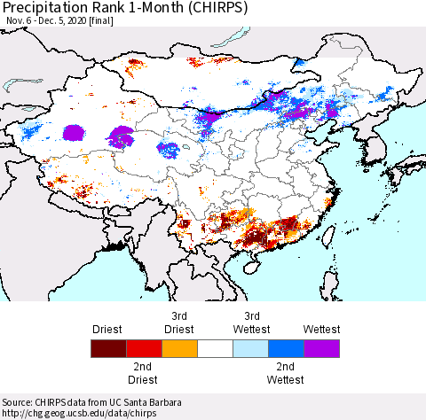 China, Mongolia and Taiwan Precipitation Rank since 1981, 1-Month (CHIRPS) Thematic Map For 11/6/2020 - 12/5/2020