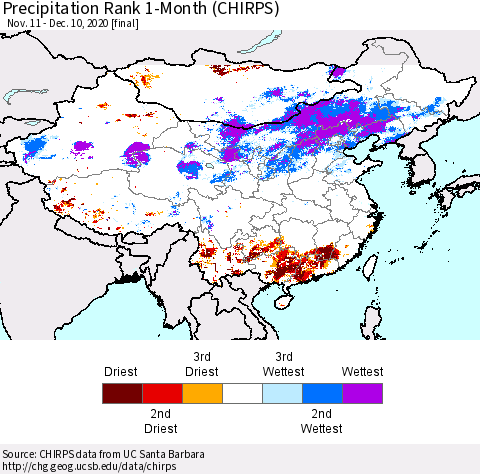China, Mongolia and Taiwan Precipitation Rank since 1981, 1-Month (CHIRPS) Thematic Map For 11/11/2020 - 12/10/2020