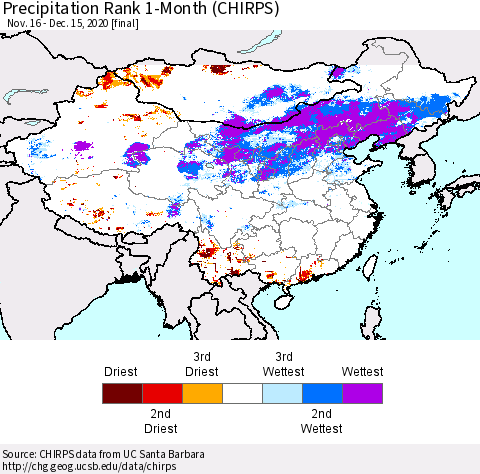 China, Mongolia and Taiwan Precipitation Rank since 1981, 1-Month (CHIRPS) Thematic Map For 11/16/2020 - 12/15/2020
