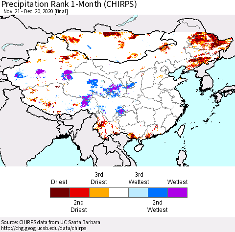 China, Mongolia and Taiwan Precipitation Rank since 1981, 1-Month (CHIRPS) Thematic Map For 11/21/2020 - 12/20/2020
