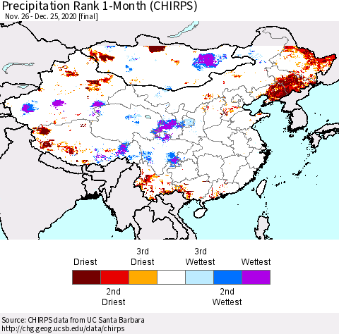 China, Mongolia and Taiwan Precipitation Rank since 1981, 1-Month (CHIRPS) Thematic Map For 11/26/2020 - 12/25/2020